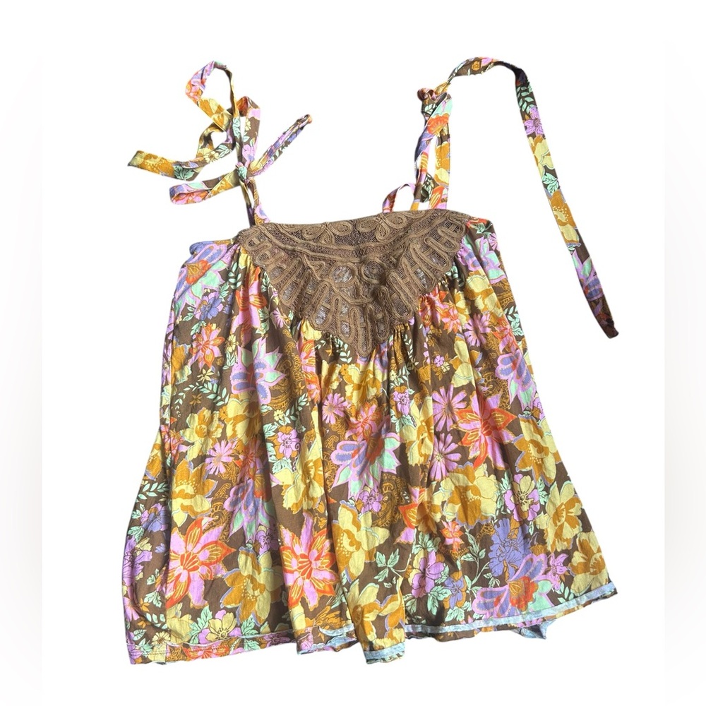 Free People Bali Moroccan Flowers Tunic Brown Yellow Size Medium Cotton - Picture 2 of 8